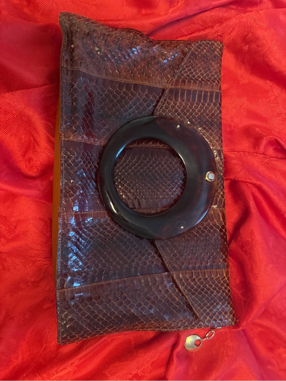 La Belle Cognac Snakeskin-Texture Zip Wallet